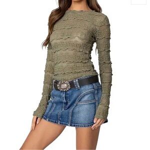 Edikted Olive Daisy Textured Sheer Lace Top